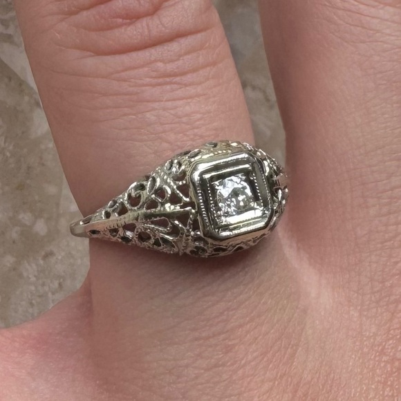 Diamond 18k White Filigree Edwardian Ring - Picture 6 of 14